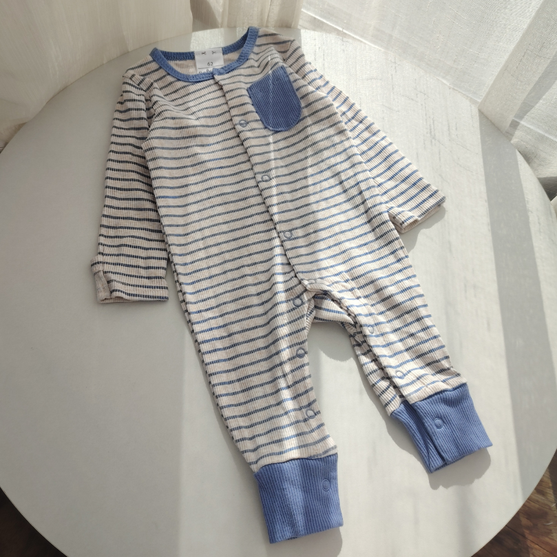 62-92码外贸春秋宝宝长袖爬服新生婴儿螺纹连体衣包屁衣条纹哈衣