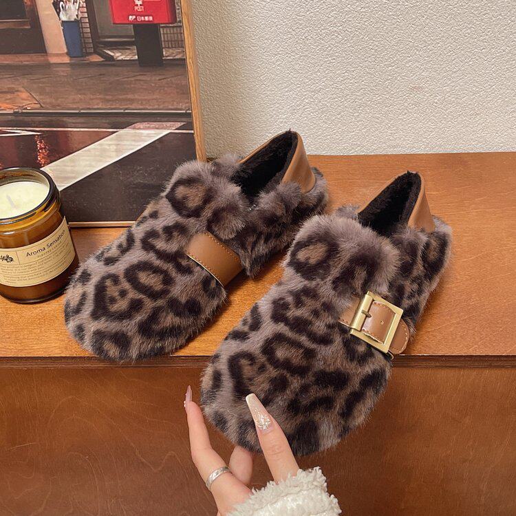 豹纹毛毛鞋女休闲时尚舒适豆豆鞋2024秋冬季新款平底加绒保暖棉鞋