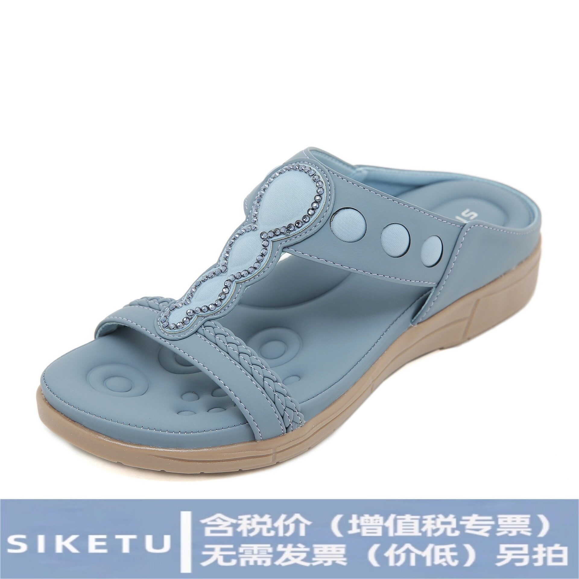 5012-4新款2025 波西米亚水钻拖鞋舒适乳胶按摩厚底大码 平底鞋