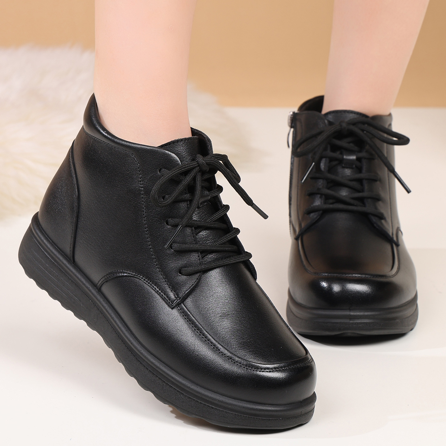 代发真皮软底妈妈棉鞋冬季保暖加绒英伦风短靴防滑平底女鞋111201