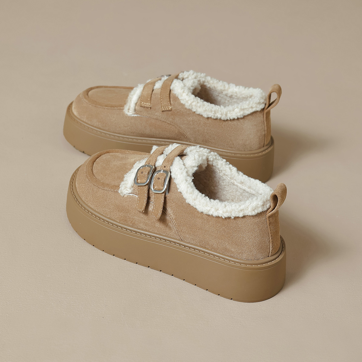 真皮加绒勃肯鞋女2025冬季新款一脚蹬毛毛棉鞋厚底雪地靴大码女鞋