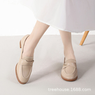 学院风乐福鞋一脚蹬真皮透气乳胶垫串线圆头低跟女鞋单鞋金属扣