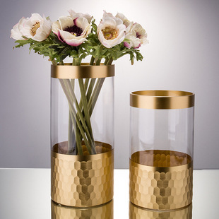 轻奢透明圆柱形金边水培金色玻璃花瓶富贵竹软装 家居饰品桌面摆件