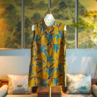 蓝大立领无袖 上衣5123 真丝香云纱中长大码