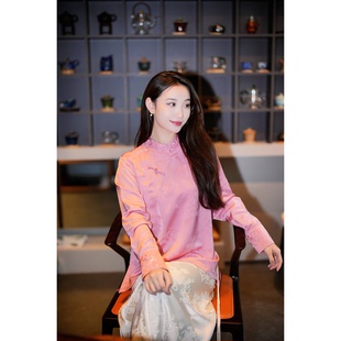 上衣7572 醋酸长袖 蓝大原创女装 简约少女粉色立领斜襟盘扣新中式