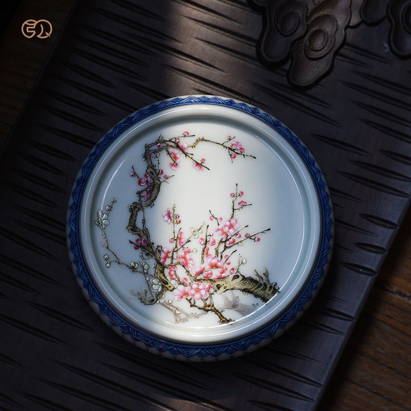 百弘 粉彩梅花手工盖置 功夫茶具茶道配件 陶瓷紫砂壶托盖托