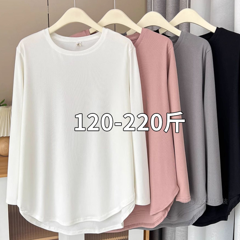 여성용 대형 라운드 넥 긴팔 티셔츠 2024 봄 여름 새 스타일 220 CATTIES 뚱뚱한 소녀 MM 중간 길이 곡선 엉덩이 덮는 탑