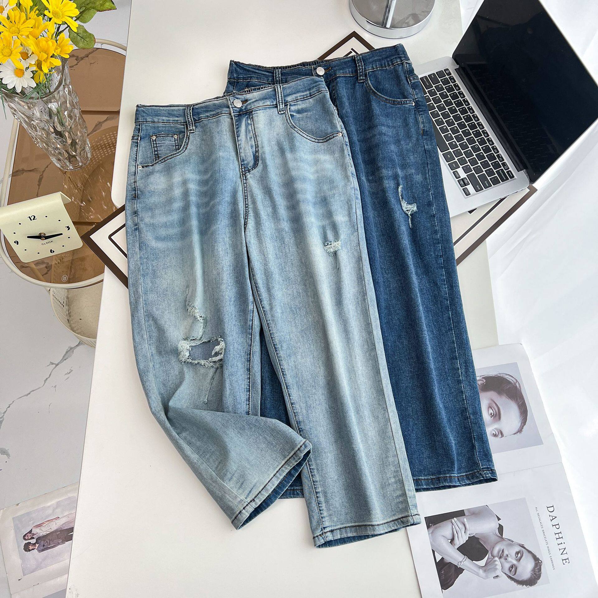여성용 대형 데님 하렘 바지 여름 얇은 200 파운드 지방 MM 하이 웨이스트 신축성 슬리밍 찢어진 스트레이트 9 점 바지
