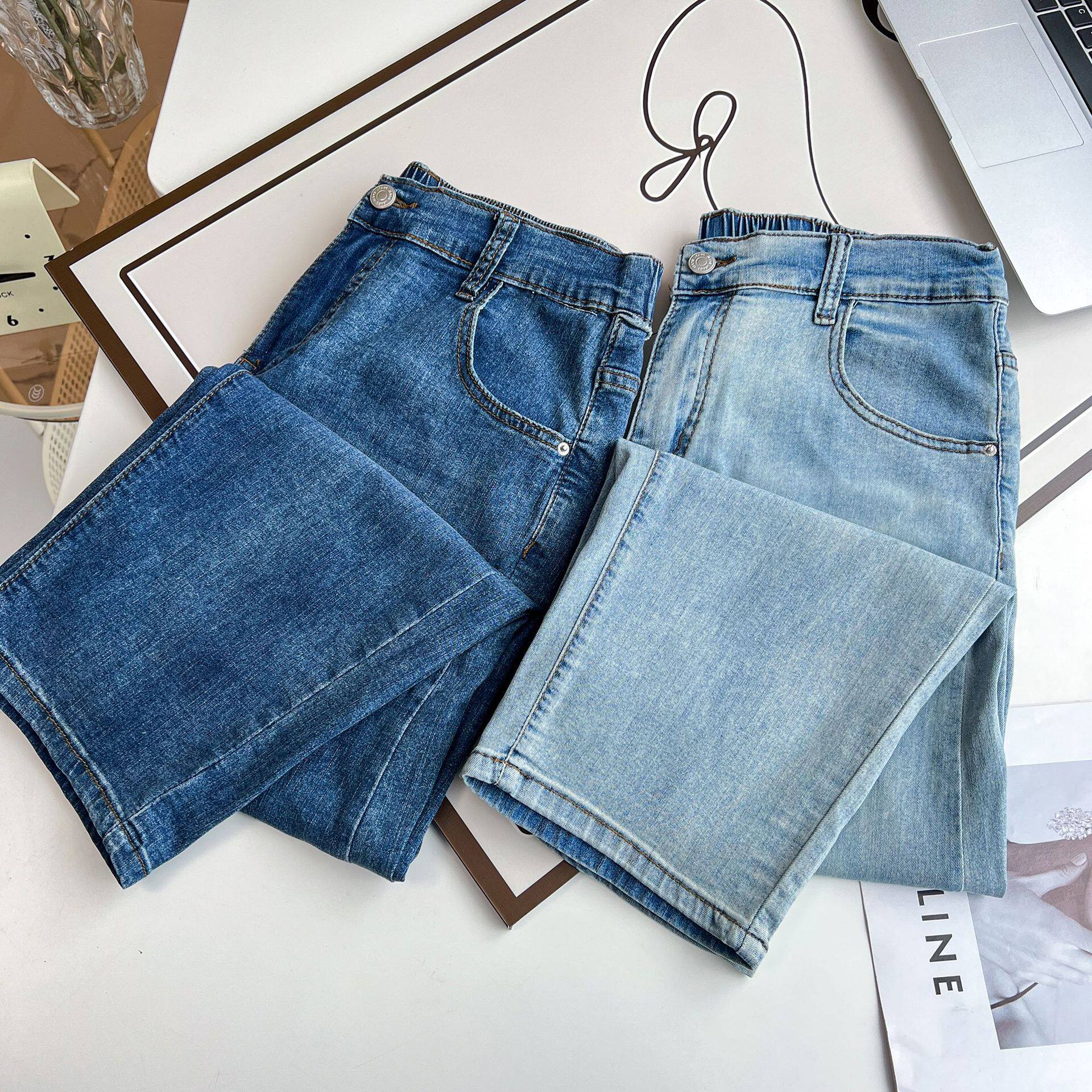 여성용 대형 데님 하렘 바지 여름 얇은 200 파운드 지방 MM 하이 웨이스트 신축성 슬리밍 찢어진 스트레이트 9 점 바지