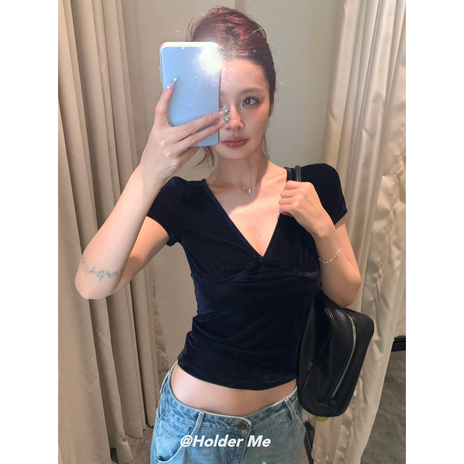 HOLDERV领蝴蝶结短款修身T恤