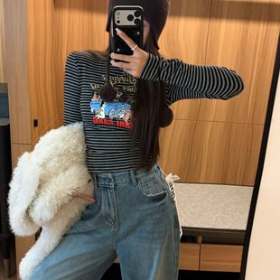 显瘦弹力加绒条纹长袖 复古卡通印花修身 T恤 时尚 GOD财神家秋冬新款