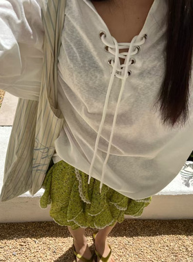 chroom西瓜夏季新款宽松显瘦时尚V领绑带薄款纯色防晒大版长袖T恤