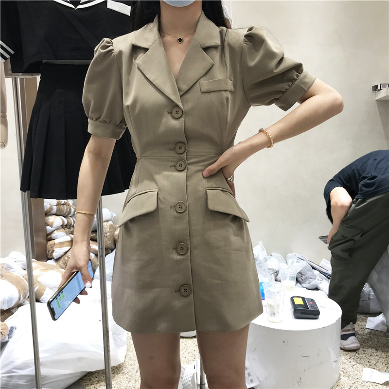 短袖性感裙子收腰显瘦西装连衣裙