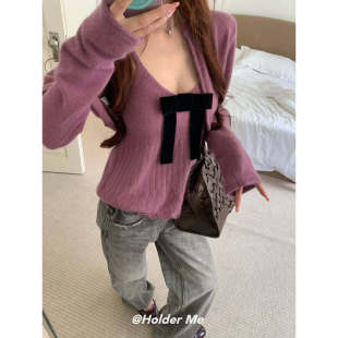 HOLDER秋冬韩版辣妹V领蝴蝶结吊带背心短款开衫浣熊毛针织两件套