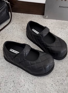 WM6 真皮女鞋面包鞋厚底增高浅口单鞋2026年春季魔术贴玛丽珍鞋潮