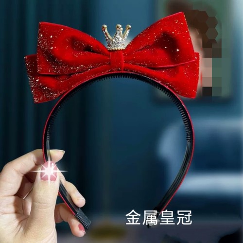 儿童皇冠超大立体红色喜庆周岁小孩丝绒在逃公主蝴蝶结发箍蝴蝶结