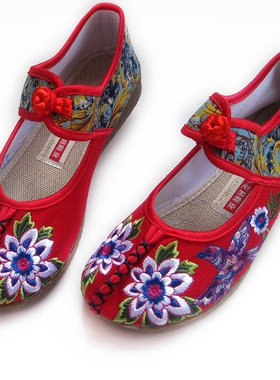 新款足下有福正品绣花鞋民族风牛筋底圆头女鞋老北京布鞋D755红色