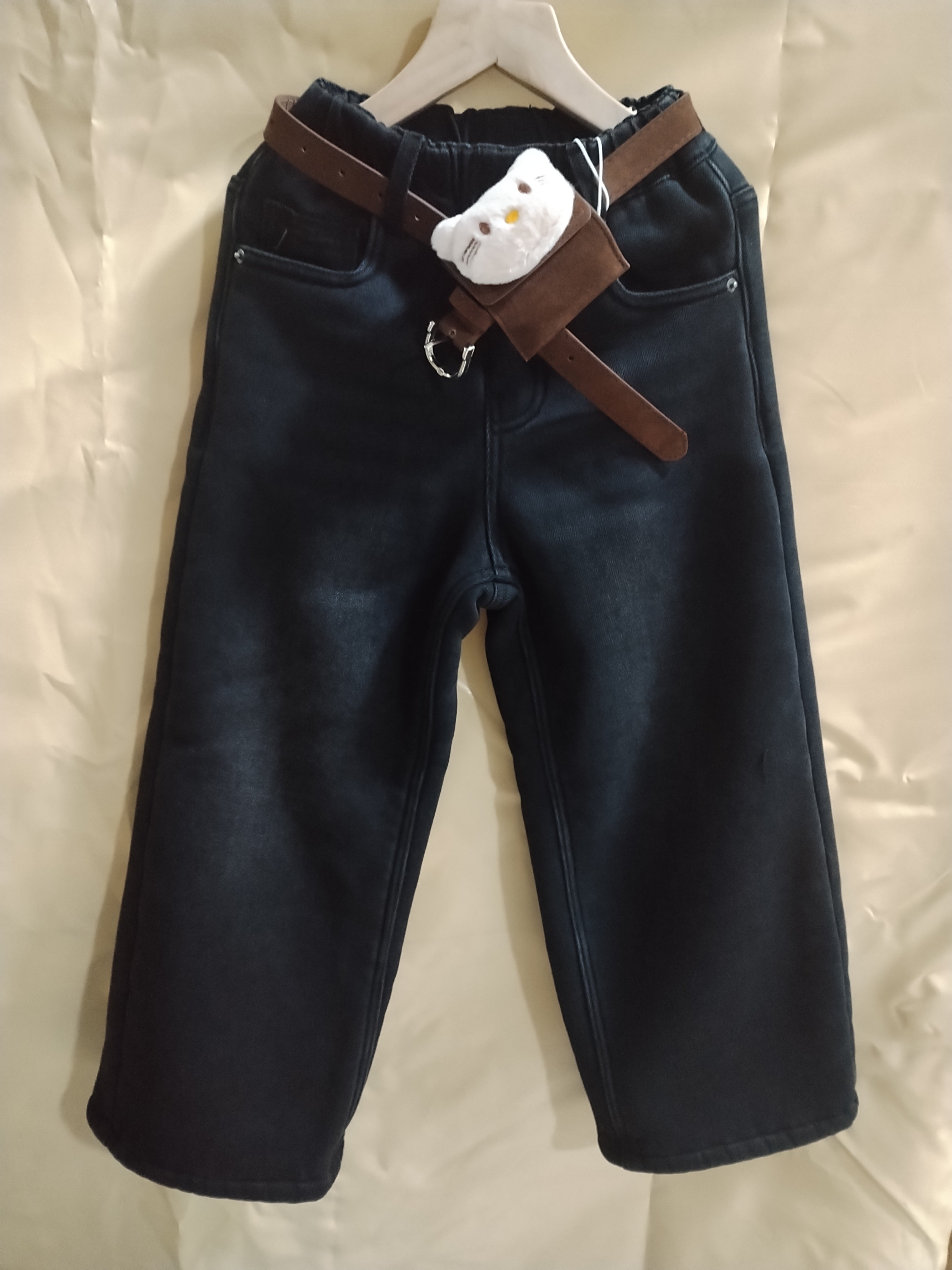 贝莎尼奥品牌童装冬款超厚羊羔绒牛仔裤儿童裤子女童黑色直筒裤