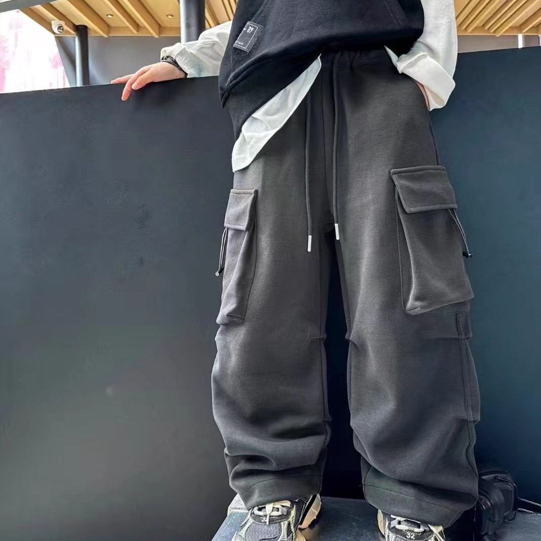 特价mooyo品牌韩版秋款针织卫裤工装裤中大童长裤儿童男童深灰色