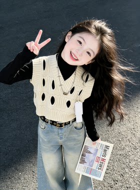 特价大E小e品牌秋款毛衣儿童女童韩版破洞款式马甲背心童装米色