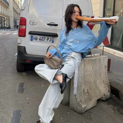 屁屁雪丨1996 春夏新配色宽松做旧防晒复古蓝色印花长袖T恤上衣潮