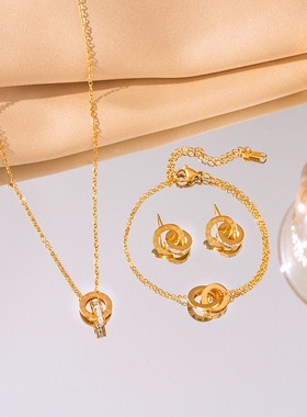 新款套装罗马双环项链女手链耳钉时尚不掉色防过敏钛钢锁骨链网红