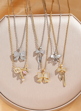 蝴蝶结新款钛钢项链女镶嵌锆石网红锁骨链时尚百搭高级感网红饰品