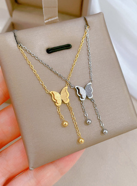 通体钛钢不掉色新款蝴蝶流苏项链女ins轻奢网红高级感时尚锁骨链