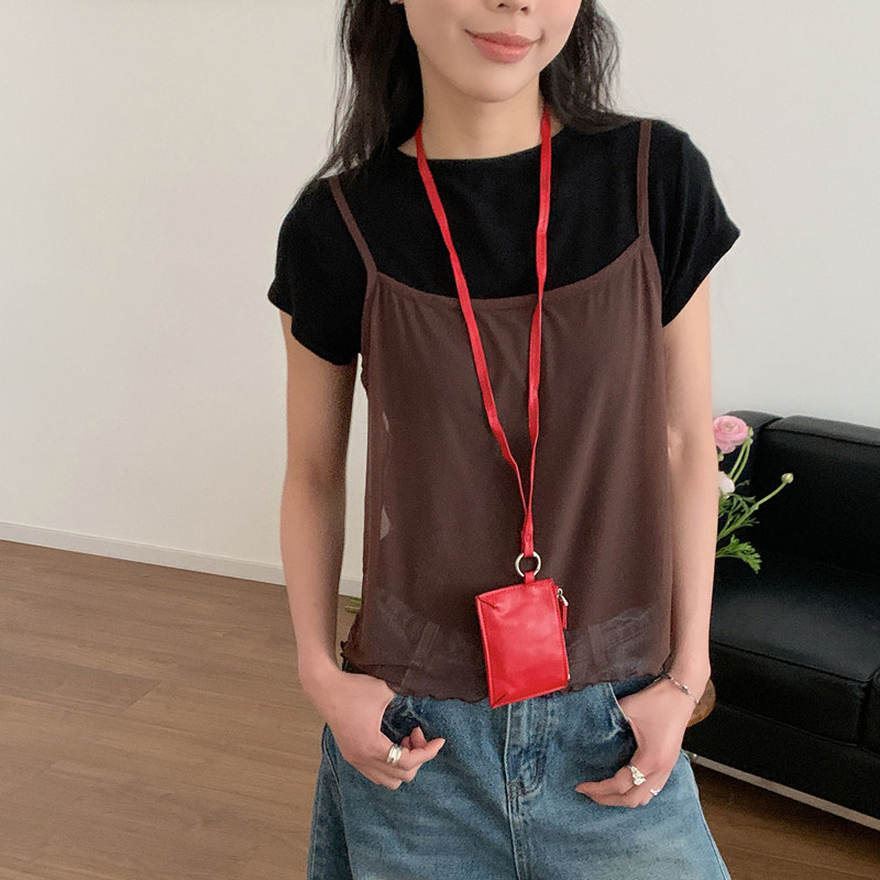 【小乐专享】首尔早春网纱吊带叠穿T恤女短袖吊带叠穿两件套上衣