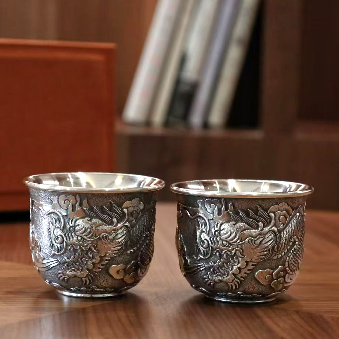 一品银匠纯银茶杯999浮雕龙双层