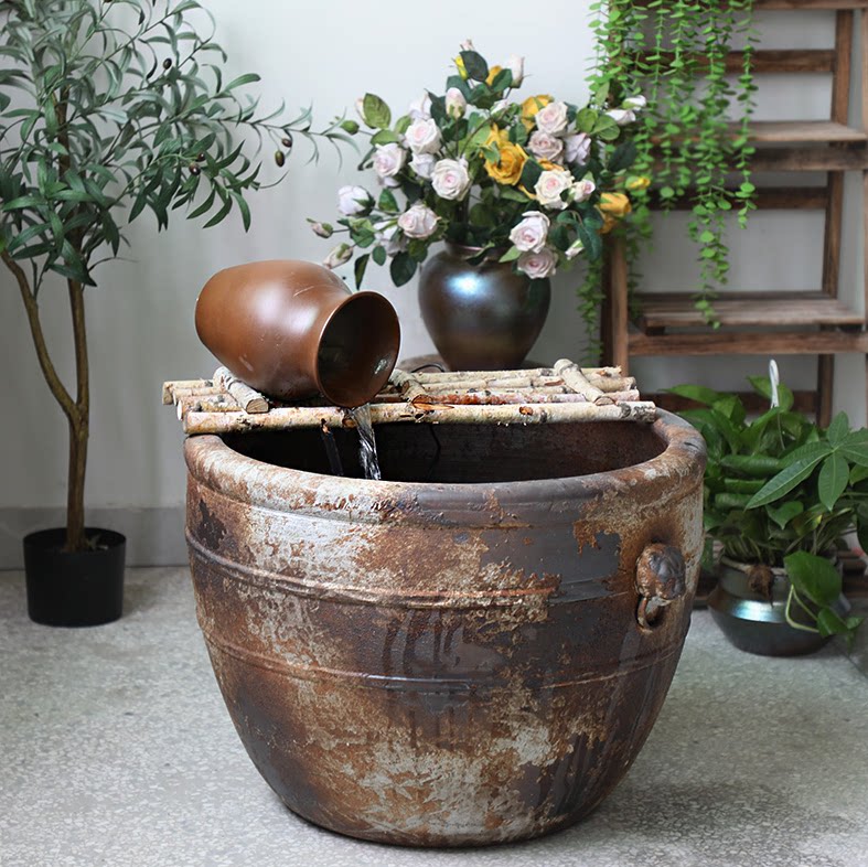 陶瓷大水缸鱼缸复古做旧仿青铜庭院造景流水门海酒店民宿室外缸