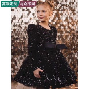 秋冬新款小女孩钢琴小提琴主持人演出服女童指挥考级长袖短款礼服