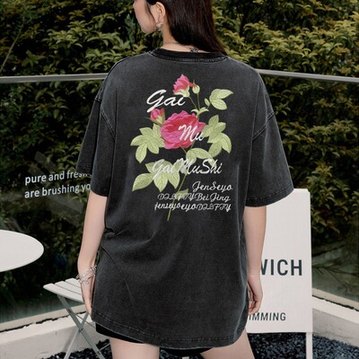 水洗做旧花卉刺绣贴印夏季男女oversized短袖情侣国潮纯棉重磅T恤