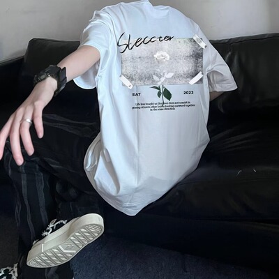 美式vibe短袖t恤男款夏季玫瑰印花半袖潮牌ins宽松潮流五分袖体恤