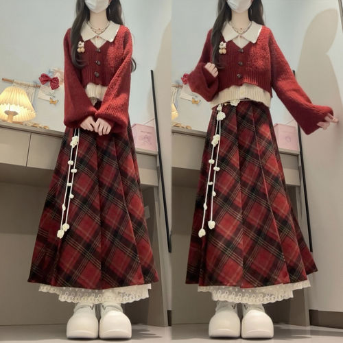 正品JK独特漂亮冬装一整套新年战袍Polo领假两件毛衣格子半身裙红