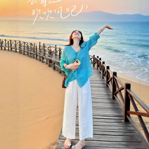 正品JK2025夏日多巴胺海边度假风套装女湖蓝色盘扣系带防晒衬衫休