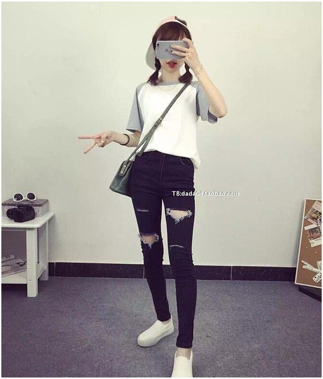 Vulnerability jeans girl student Feet Korean Edition ulzzang trousers hole Thin and small Black pants Pencil pants Harajukuin the Women's clothing/Boutique , Jeans  category - from Buy2taobao.com to provide professional Taobao agent buy service