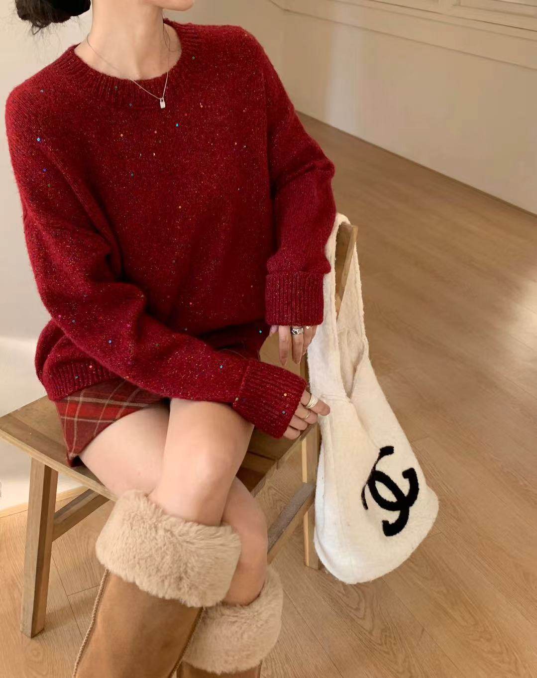 秋冬新款韩版宽松显瘦休闲百搭亮片针织毛衣女