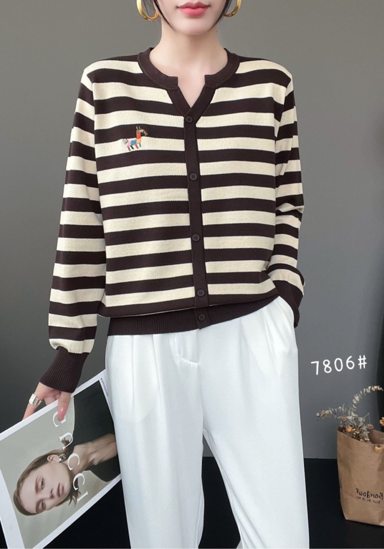 清仓春款新款时尚条纹套头V领长袖宽松显瘦减龄洋气针织衫上衣