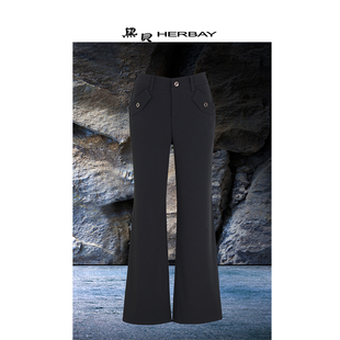 黑贝女裤HERBAY春夏弹力修饰腿型飒飒的笔挺又放松微宽直筒微喇裤