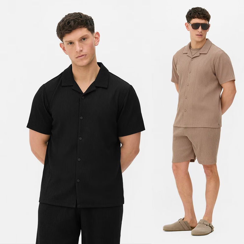 古巴领短袖衬衫男士夏季四面弹力薄款尖领褶皱条纹半袖衬衣