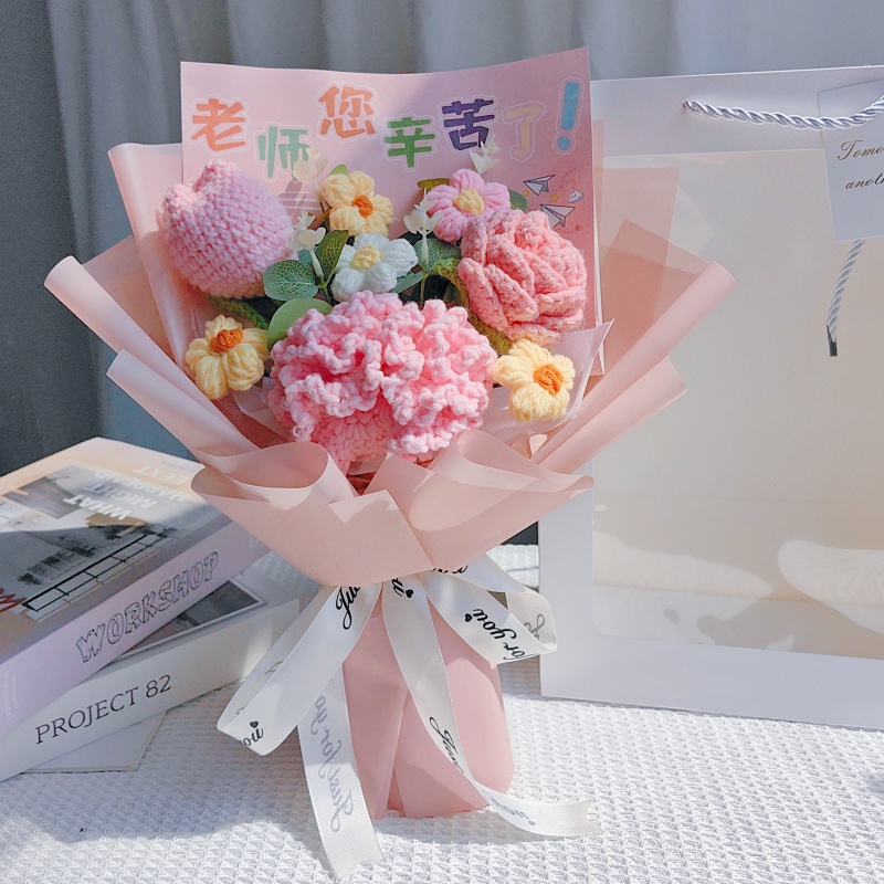 教师节花束手工针织毛线花束成品编织玫瑰康乃馨永生花送老师礼物