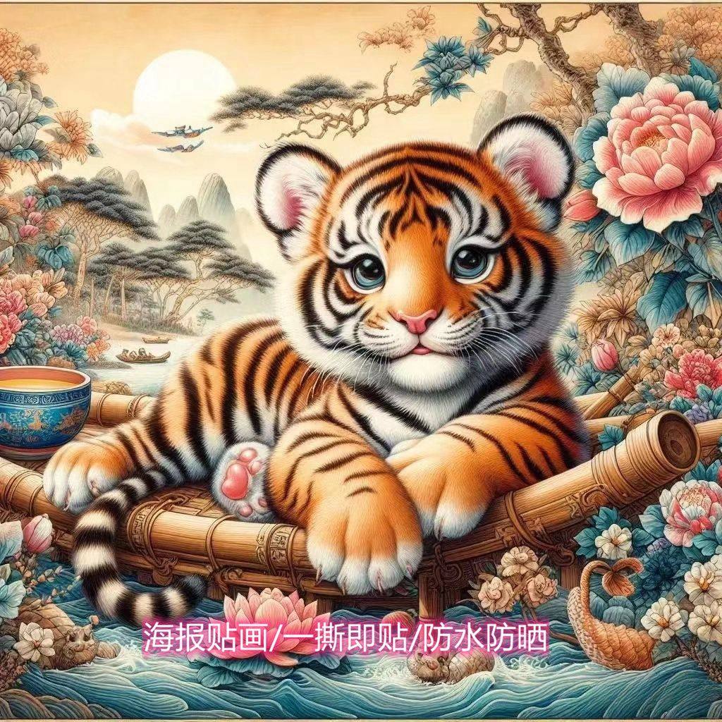 复古经典款萌虎贴画步步高升老虎客厅玄关书房商铺高级不干胶贴纸