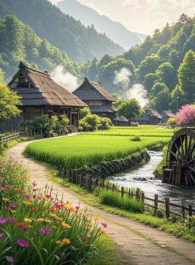 仿真田园生活小河边的水车风景贴纸画门窗餐厅厨房卧室不干胶贴纸