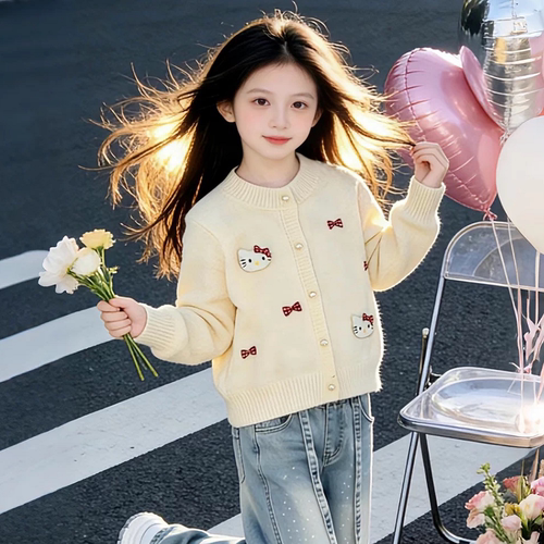 女童春秋季新款洋气时髦2026小女孩针织薄款毛衣开衫小中大童外套