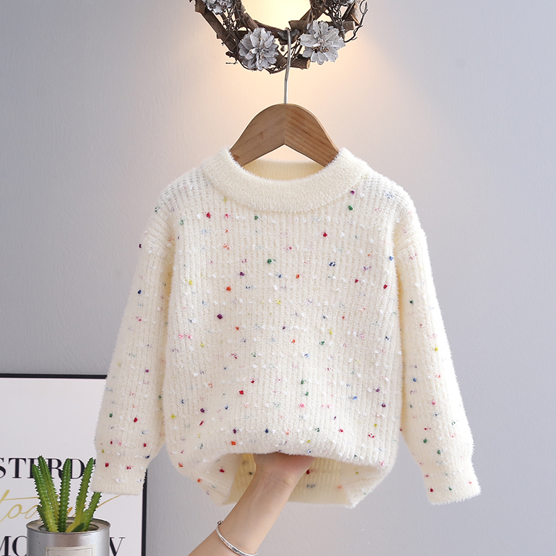 儿童毛衣加绒加厚白色线衣时髦圆领中童女孩加绒内搭上衣打底衫