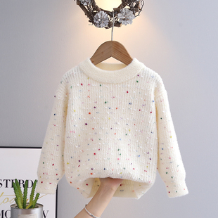 儿童毛衣加绒加厚白色线衣时髦圆领中童女孩加绒内搭上衣打底衫