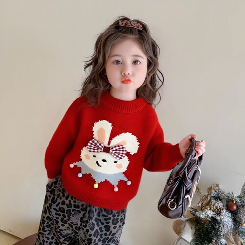 女童毛衣红色新年衣服秋冬2025新款童装洋气加绒加厚儿童针织上衣