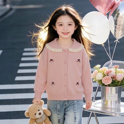童装女童毛衣春装新款中大儿童洋气针织衫小女孩翻领开衫秋季上衣