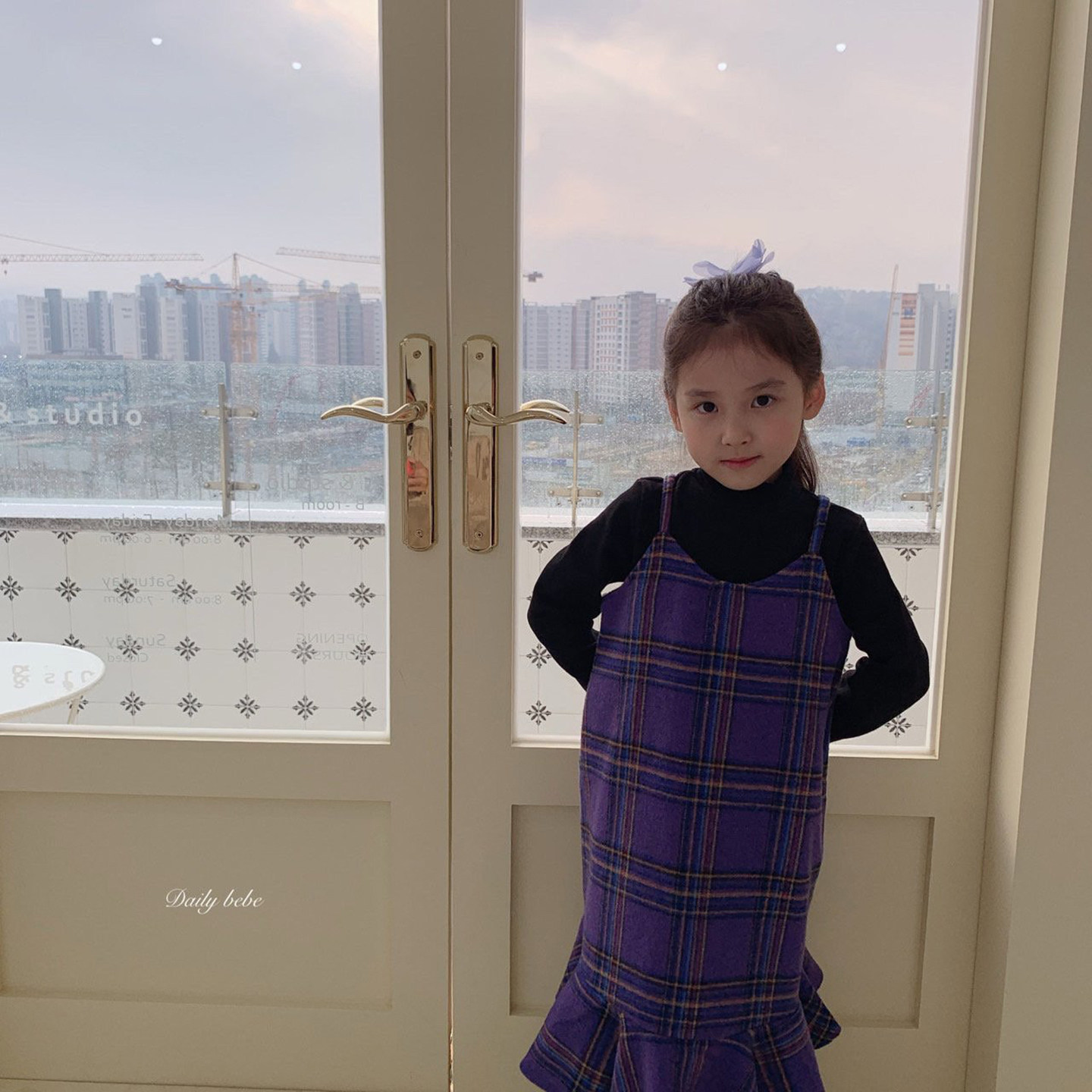 dailybebe▶BabyWe韩国代购秋冬女宝宝格子羊毛混纺吊带连衣裙